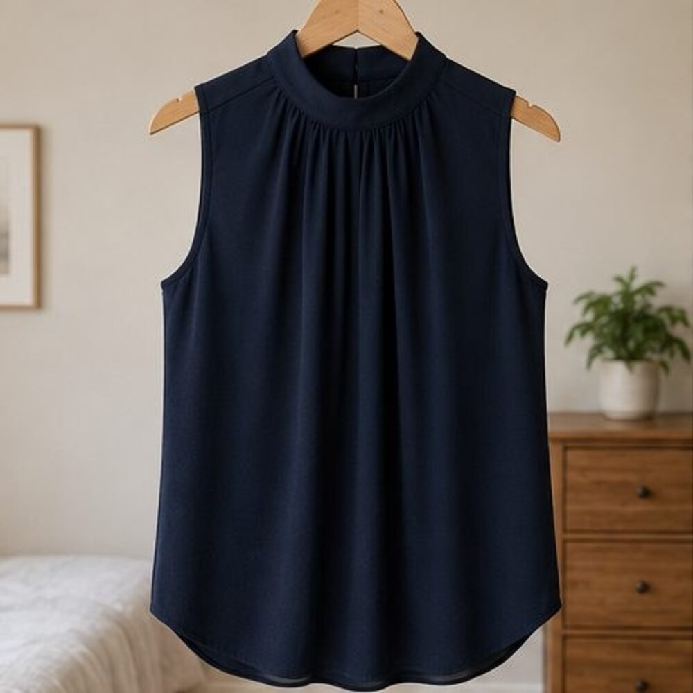 Navy Pleated High Neck Blouse